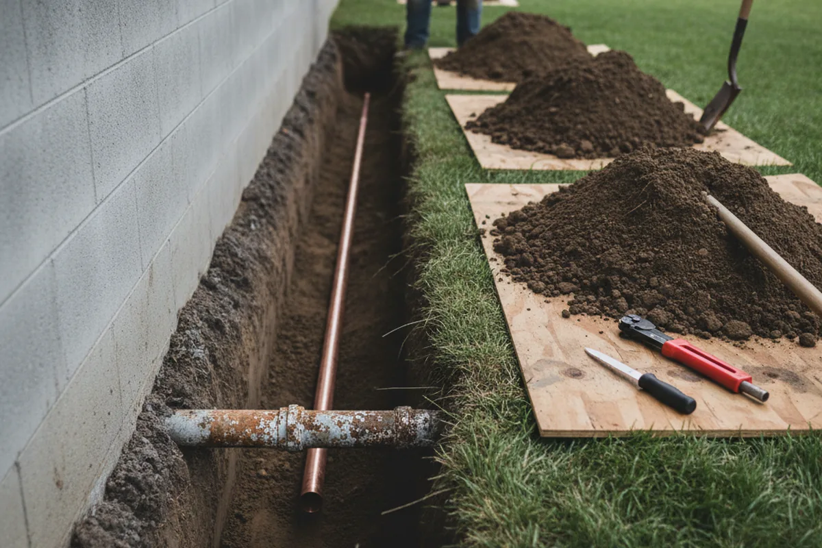 Excavated water line trench during Water Heater Repair in Milltown